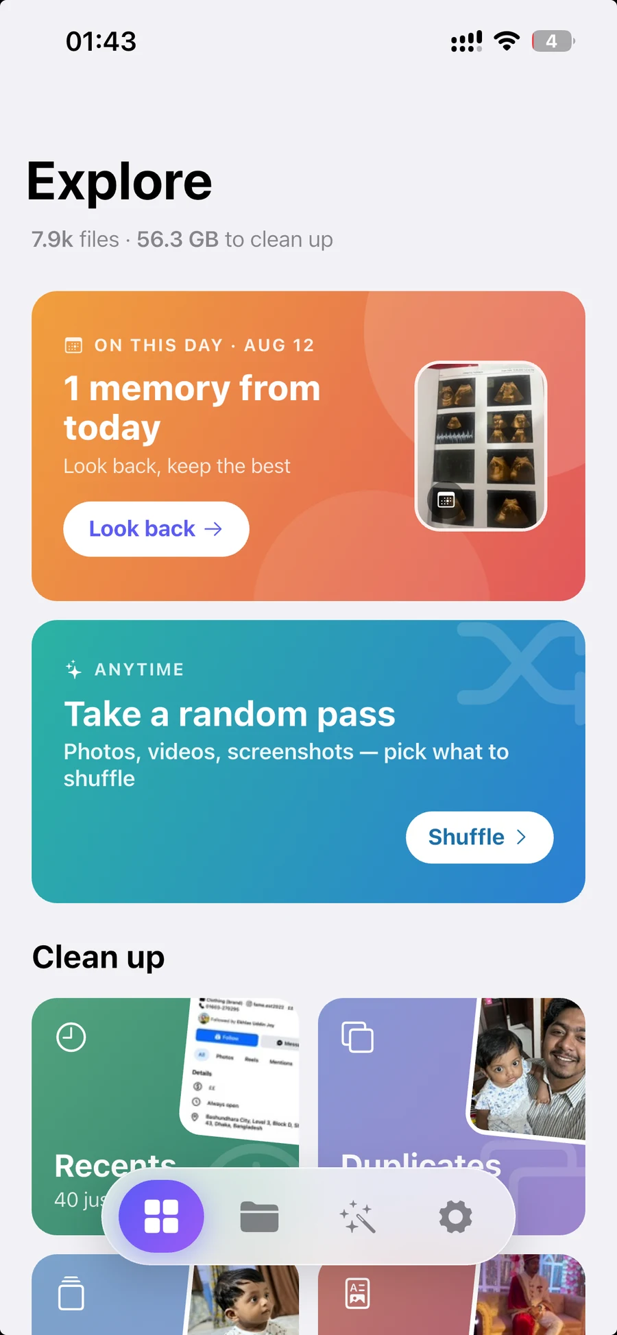 The SwipeDrop home screen, showing cleanup piles and how much space each could free