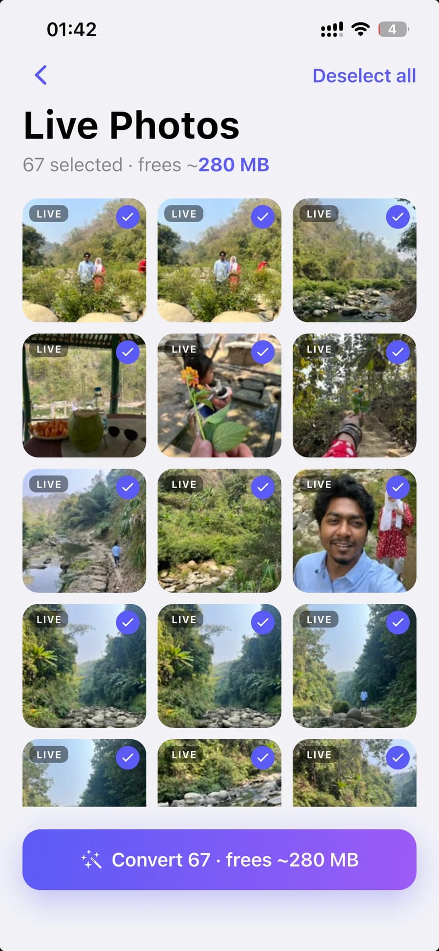 The Live Photos screen in SwipeDrop, with 67 Live Photos selected to convert to stills, freeing about 280 MB